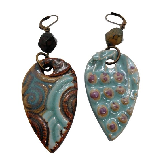 Light teal artistic ceramic earrings bronze tone leverbacks - Picture 1 of 3